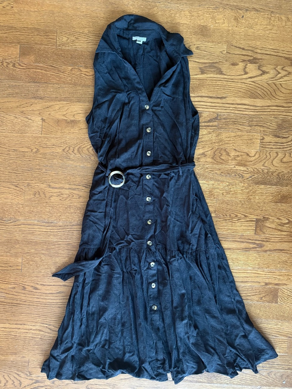 Falls Creek Sleeveless Linen Black Button-Front Midi Dress with Belt
